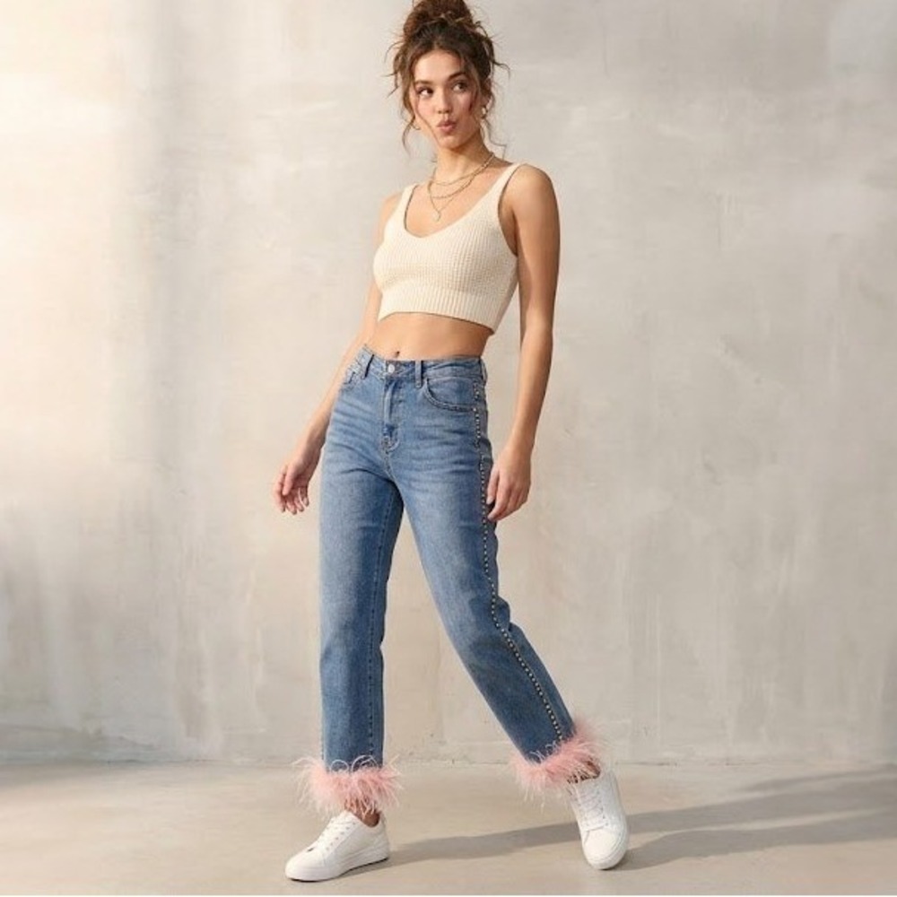 Hot‎ & Delicious Rhinestone Feather Trim Straight Leg Jeans Glam Bachelorette